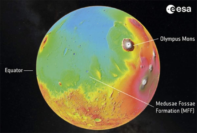 Imagen de la Agencia Espacial Europea. Mapa de altitud de la superficie de Marte mostrando la ubicación de la “Formación Medusae Fossae”. 