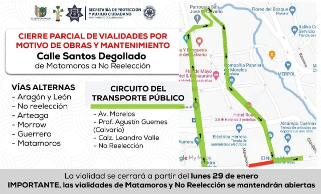 El Ayuntamiento de Cuernavaca difunde las vías alternas y el circuito del transporte público por el cierre parcial de la calle Degollado.