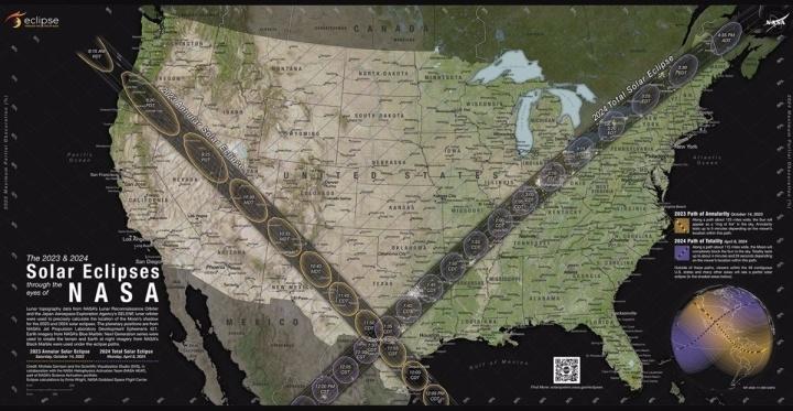 Este mapa detalla la trayectoria que tomará la sombra de la Luna cuando cruce los Estados Unidos contiguos durante el eclipse solar anular del 14 de octubre de 2023 y el eclipse solar total del 8 de abril de 2024.