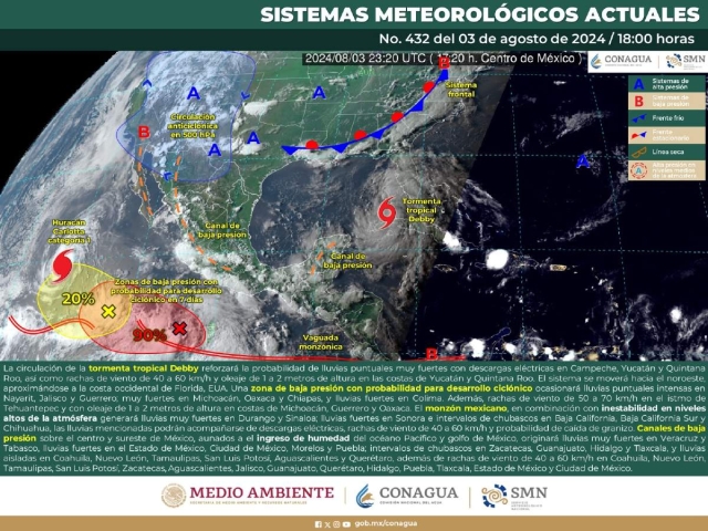 Canales de baja presión y el ingreso de humedad causarán lluvias fuertes para el estado de Morelos y otras entidades del centro del país.