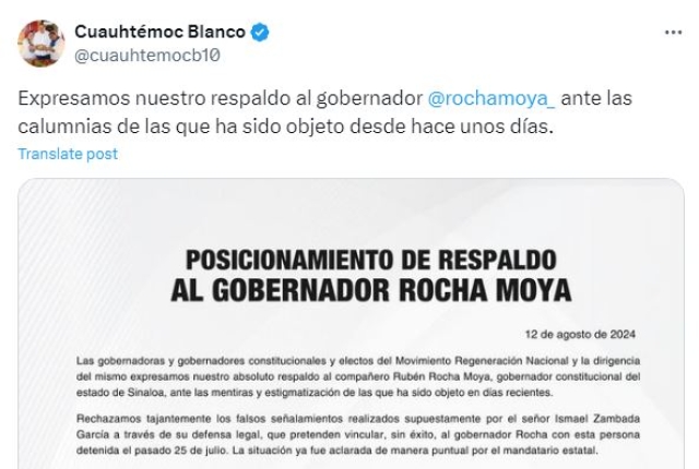 Expresa Cuauhtémoc Blanco respaldo al gobernador de Sinaloa, Rubén Rocha