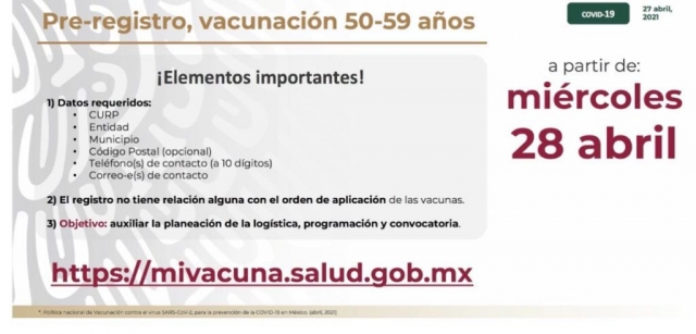 Inicia mañana registro digital para vacunación anticovid a población de 50 a 59 años