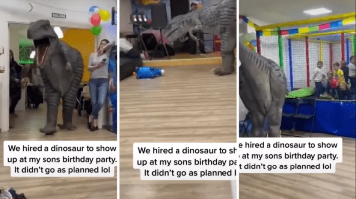 Fiesta infantil termina mal; botarga de dinosaurio aterrorizó a todos los niños