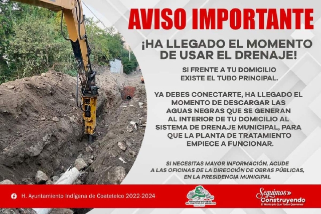 Llaman a vecinos de Coatetelco a conectarse al drenaje municipal