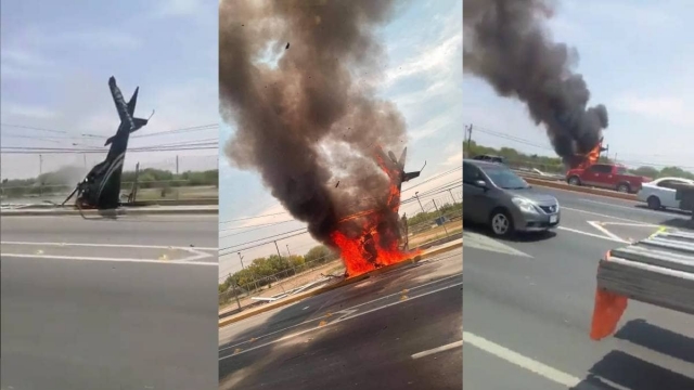 Cae helicóptero y se incendia en carretera de Apodaca, Nuevo León.