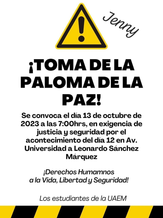Advierten de protesta en glorieta de Paloma de la Paz, mañana