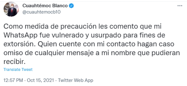 Vulneran cuenta de WhatsApp del gobernador Cuauhtémoc Blanco