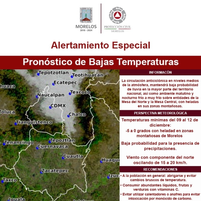 Activa CEPCM alertamiento a la población por pronóstico de bajas temperaturas