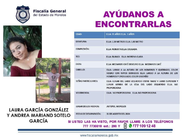 Buscan a madre e hija desaparecidas en Jiutepec