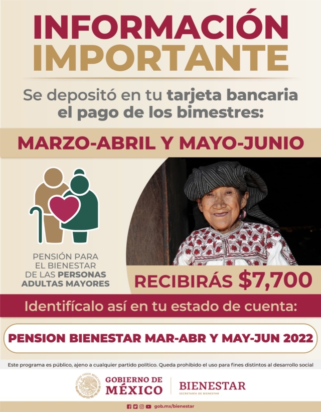 Efectúan dispersión de pensiones del Bienestar de bimestres marzo-abril y mayo-junio