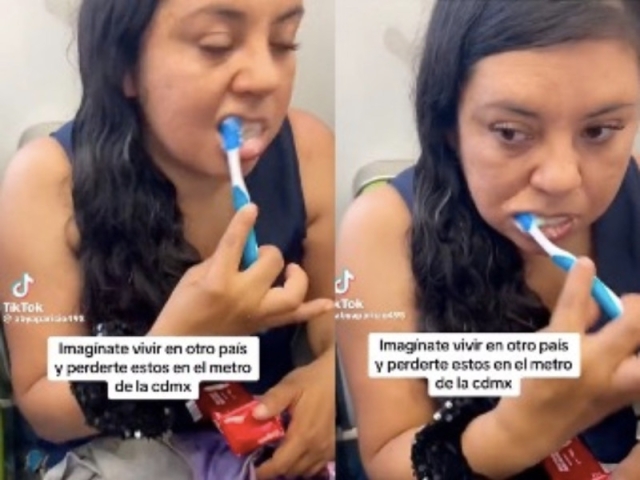 El inusual ritual: Mujer se cepilla los dientes en pleno Metro