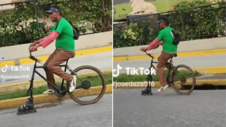 Hombre es captado manejando bicicleta con una sola llanta