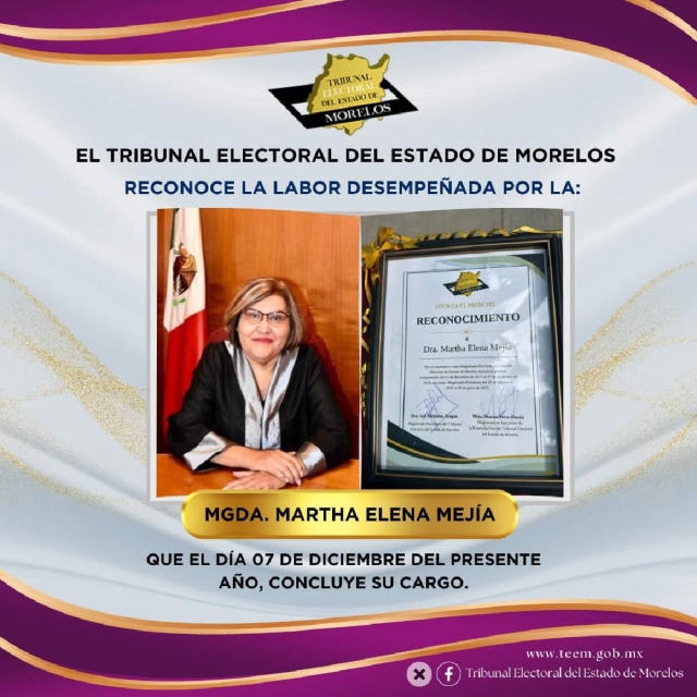 Culmina periodo de Martha Elena Mejía como magistrada del TEEM