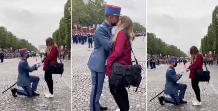 Militar interrumpe desfile para proponer matrimonio a su novia.
