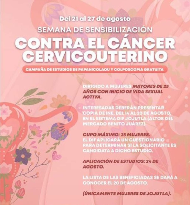 El municipio de Jojutla convocó a mujeres de 25 años en adelante a registrarse para obtener un examen gratuito de Papanicolaou y colposcopía gratuitos.