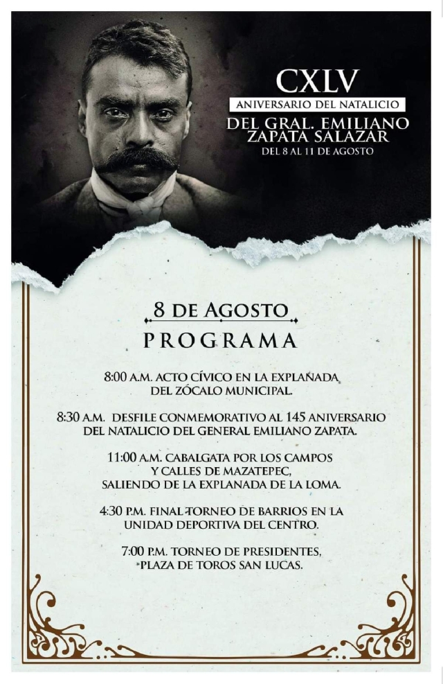 Recordarán en Mazatepec el CXLV aniversario del natalicio de Emiliano Zapata