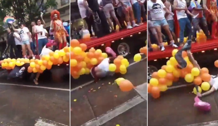 Joven cae de carro alegórico durante marcha del orgullo y sufre aparatosa caída