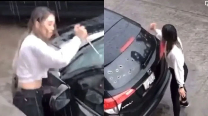 Mujer descubre a su novio con otra y le destroza el carro
