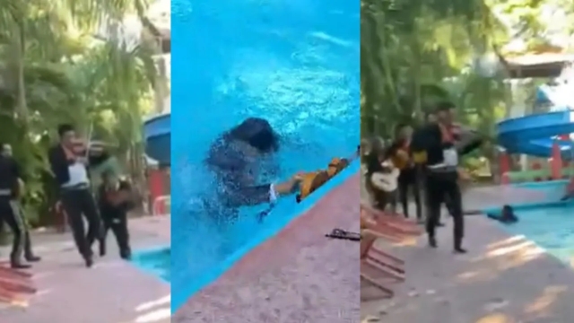 ¡Al agua pato!: Mariachi cae a alberca en plena serenata