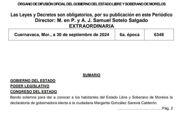 Publica Ejecutivo Bando Solemne de la declaratoria de Margarita González como gobernadora electa