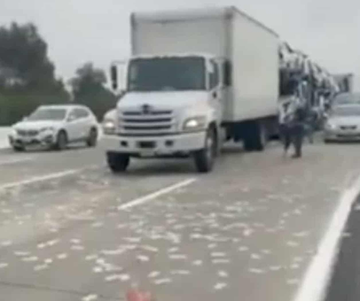Camión lanza fajos de dinero en carretera.