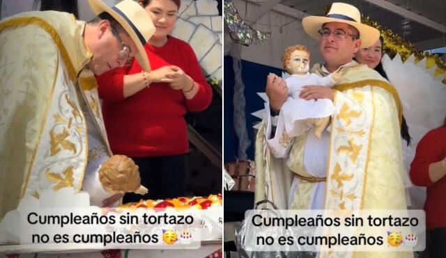 ¡Que le muerda, que le muerda! Sacerdote celebra con pastel el cumpleaños de Jesús