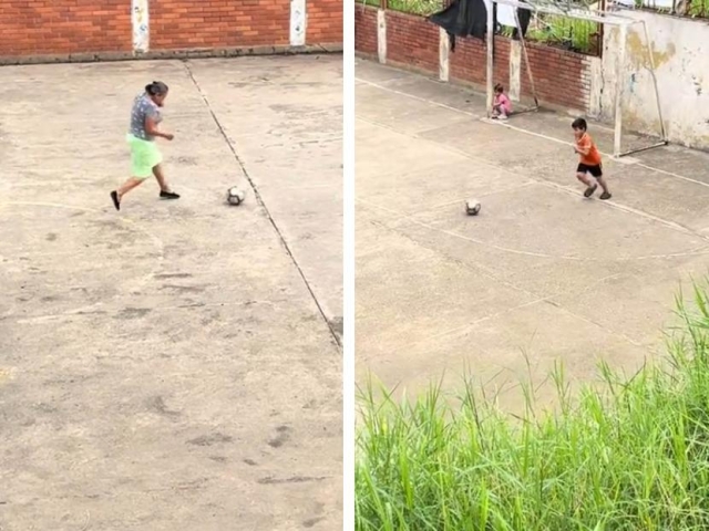 La &#039;Maradoña&#039;: Abuelita se viraliza por jugar fútbol con su nieto