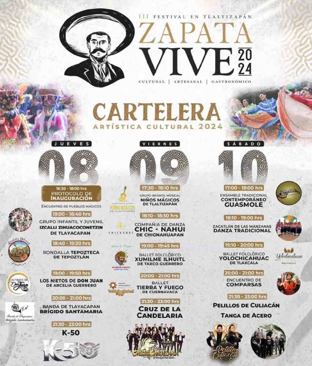 A partir de este jueves se realizará la tercera edición del festival “Vive Zapata”, en el recién remodelado zócalo del Pueblo Mágico de Tlaltizapán.