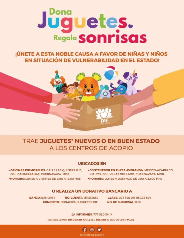 DIF Morelos invita a la sociedad a participar en su colecta anual de juguetes
