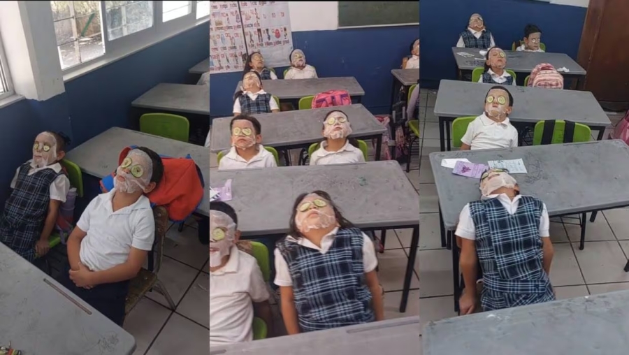 Maestra pone mascarillas faciales a sus alumnos para combatir el calor