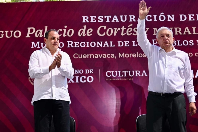 El presidente Andrés Manuel López Obrador y el gobernador Cuauhtémoc Blanco encabezaron la &quot;Restauración del Antiguo Palacio de Cortés y murales de Diego Rivera”, el 9 de febrero de este año. 