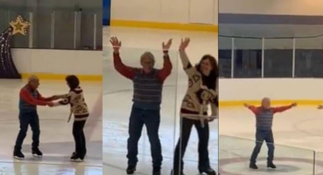 Abuelito aprende a patinar en hielo.