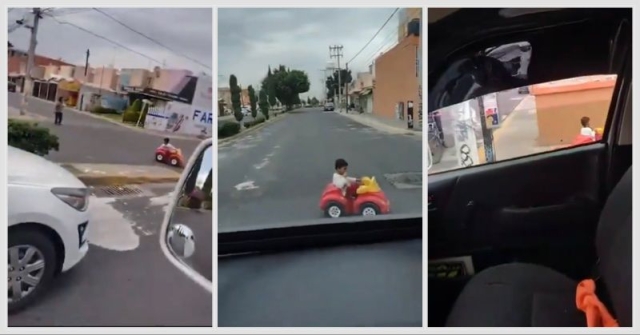 Viral: Niño cruza peligrosa avenida en Edomex en carrito de juguete