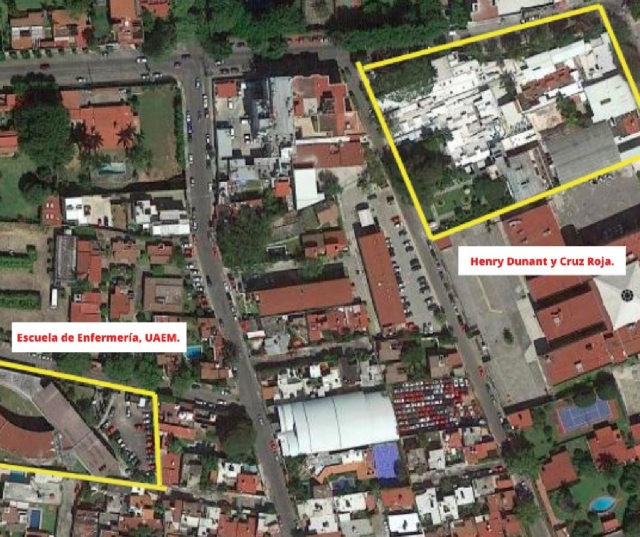 Vista aérea de los terrenos del Hospital Henry Dunant, Cruz Roja Mexicana Delegación Morelos y la Facultad de Enfermería de la UAEM.