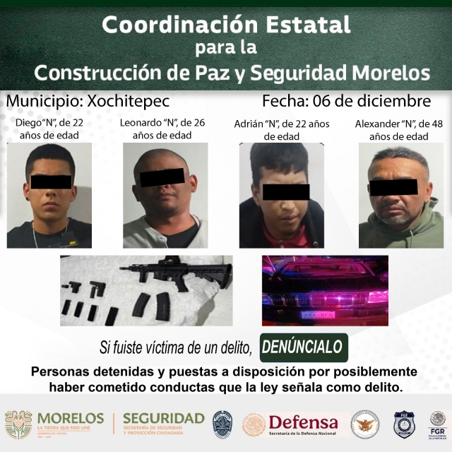 Refuerza Gobierno de Morelos la seguridad con detenciones relevantes en diversas zonas del estado