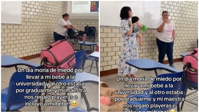 Maestra sorprende a estudiante madre con emotivo regalo en su última clase