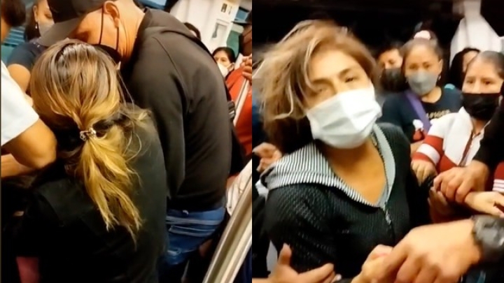 Encuentra a su esposo con la amante y desata pelea en el metro