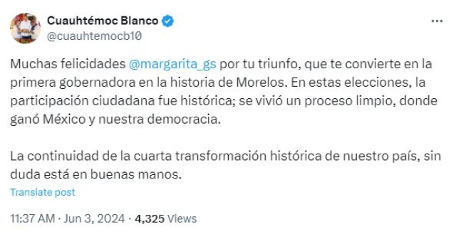 Felicita Cuauhtémoc Blanco a Margarita González Saravia por triunfo