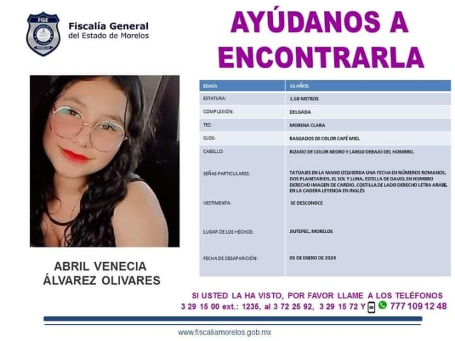 Buscan a una adolescente que desapareció en Jiutepec