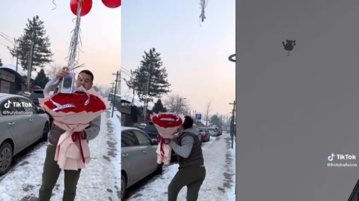 ¡El amor está en el aire! Joven romántico regala iPhone atado en globos a su pareja