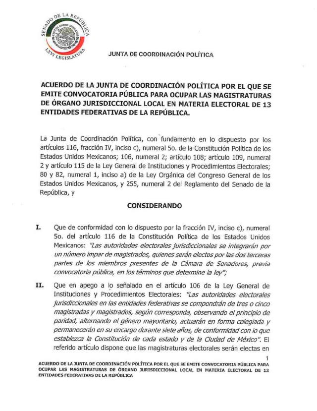 Senado emite convocatoria para magistraturas electorales