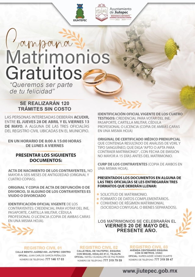 Anuncia Ayuntamiento de Jiutepec campaña de matrimonios gratuitos