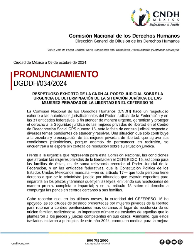 Urgen a tribunales definir situación jurídica de internas de CEFERESO 16