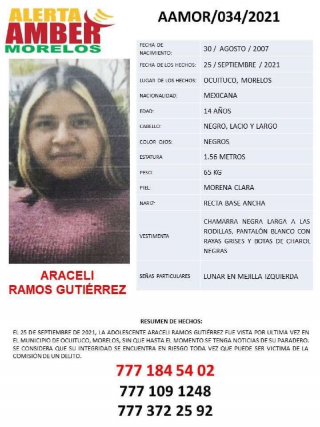 Sin localizar, una adolescente que desapareció en Ocuituco