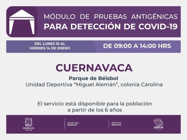 Instalará gobierno estatal módulos de pruebas antigénicas en Cuernavaca, Cuautla y Zacatepec