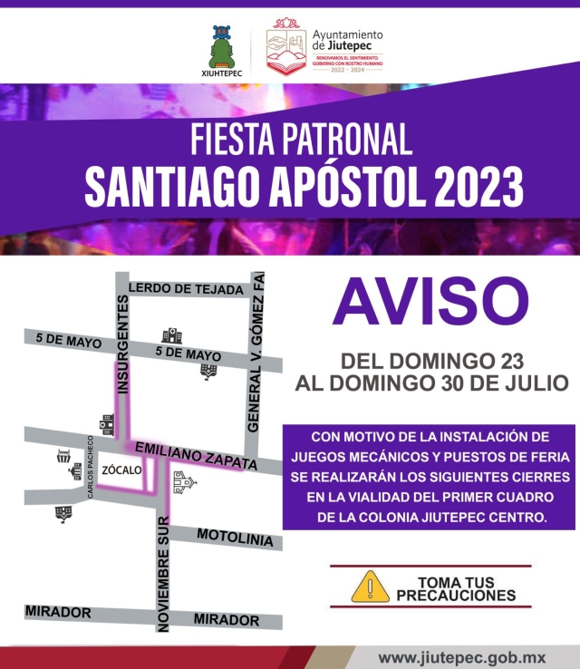 Diferentes vialidades se mantendrán cerradas por la fiesta patronal de Santiago Apóstol, en Jiutepec