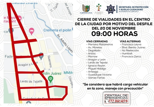 Informa Seprac sobre cierres de circulación en el centro de Cuernavaca, este 20 de noviembre