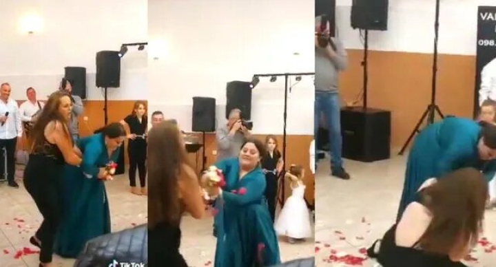 Mujeres se pelean por el ramo de novia y caen al piso