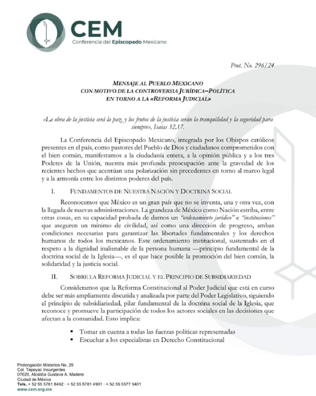 Preocupa falta de diálogo en reforma judicial: Episcopado