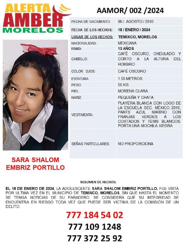 Una alumna de secundaria desapareció en Temixco
